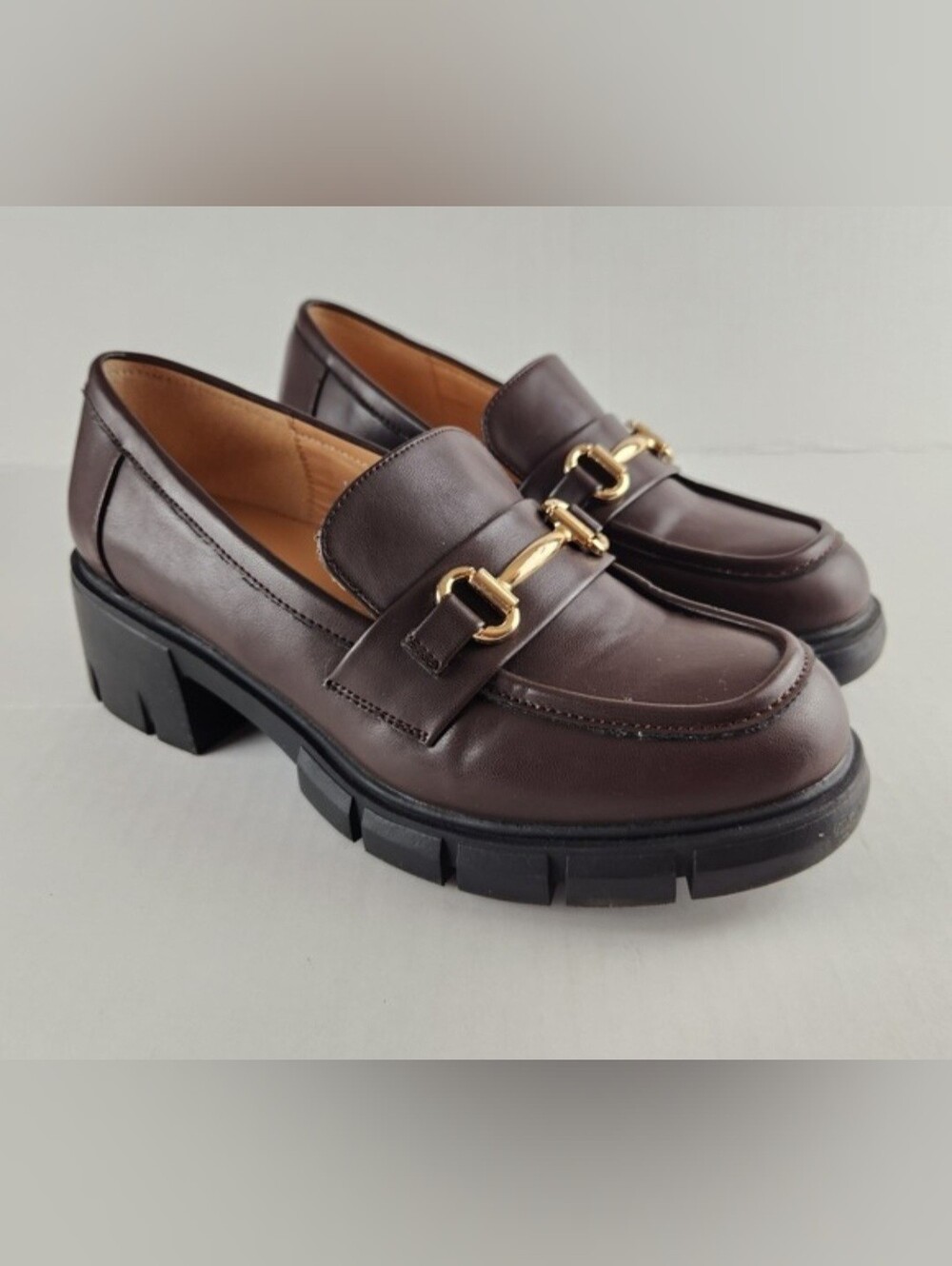 Dark Brown Leather Loafers with Gold Bit Detail
